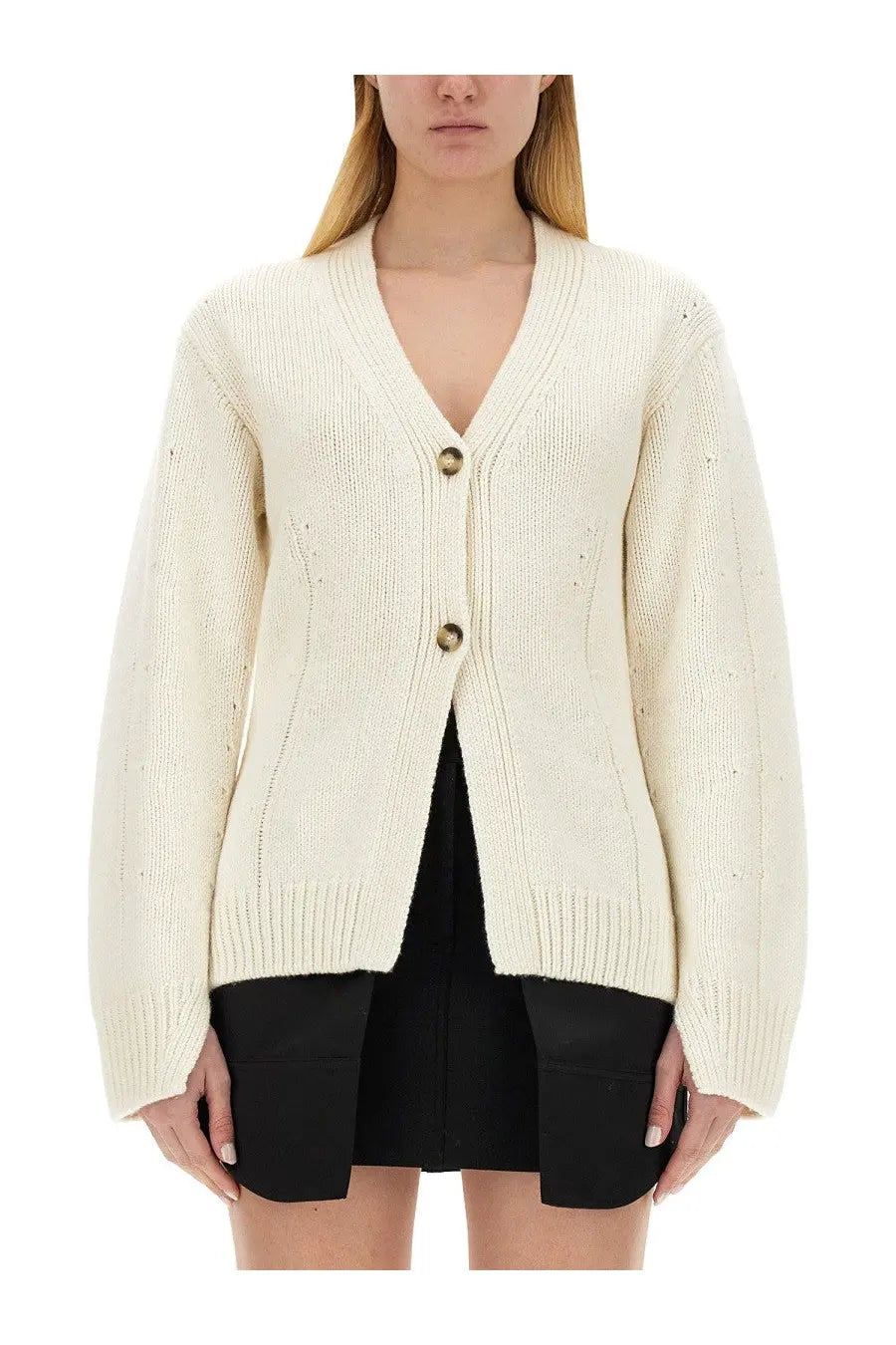 Cream-colored ribbed knit cardigan with three gold-toned buttons helmut lang women’s tailored cardigan white