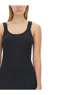 Helmut Lang women’s black ribbed knit tank dress with wide shoulder straps and a fitted silhouette