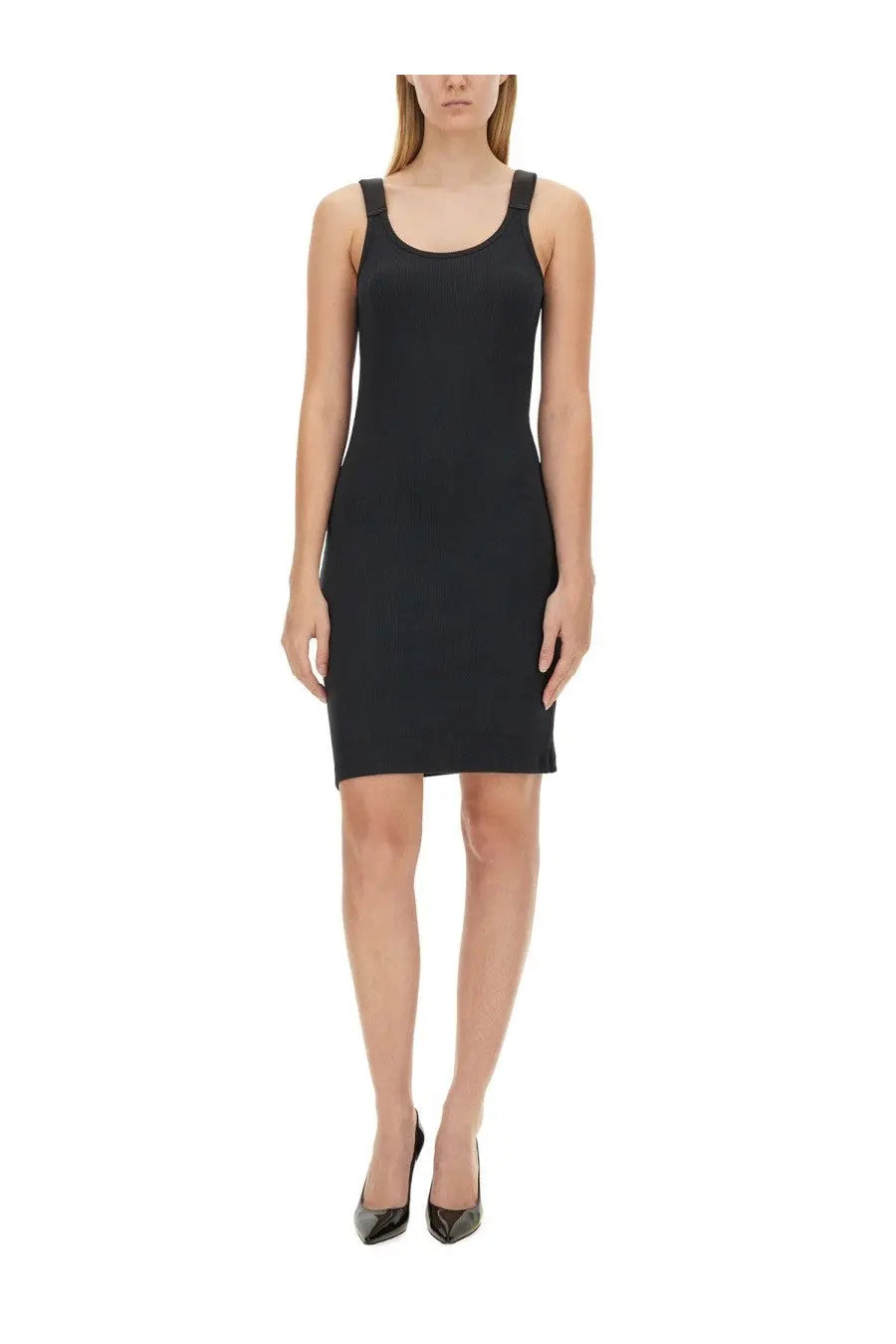 Helmut Lang women’s black sleeveless bodycon tank dress with rounded neckline and thin shoulder straps