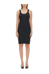 Helmut Lang women’s black sleeveless bodycon tank dress with rounded neckline and thin shoulder straps