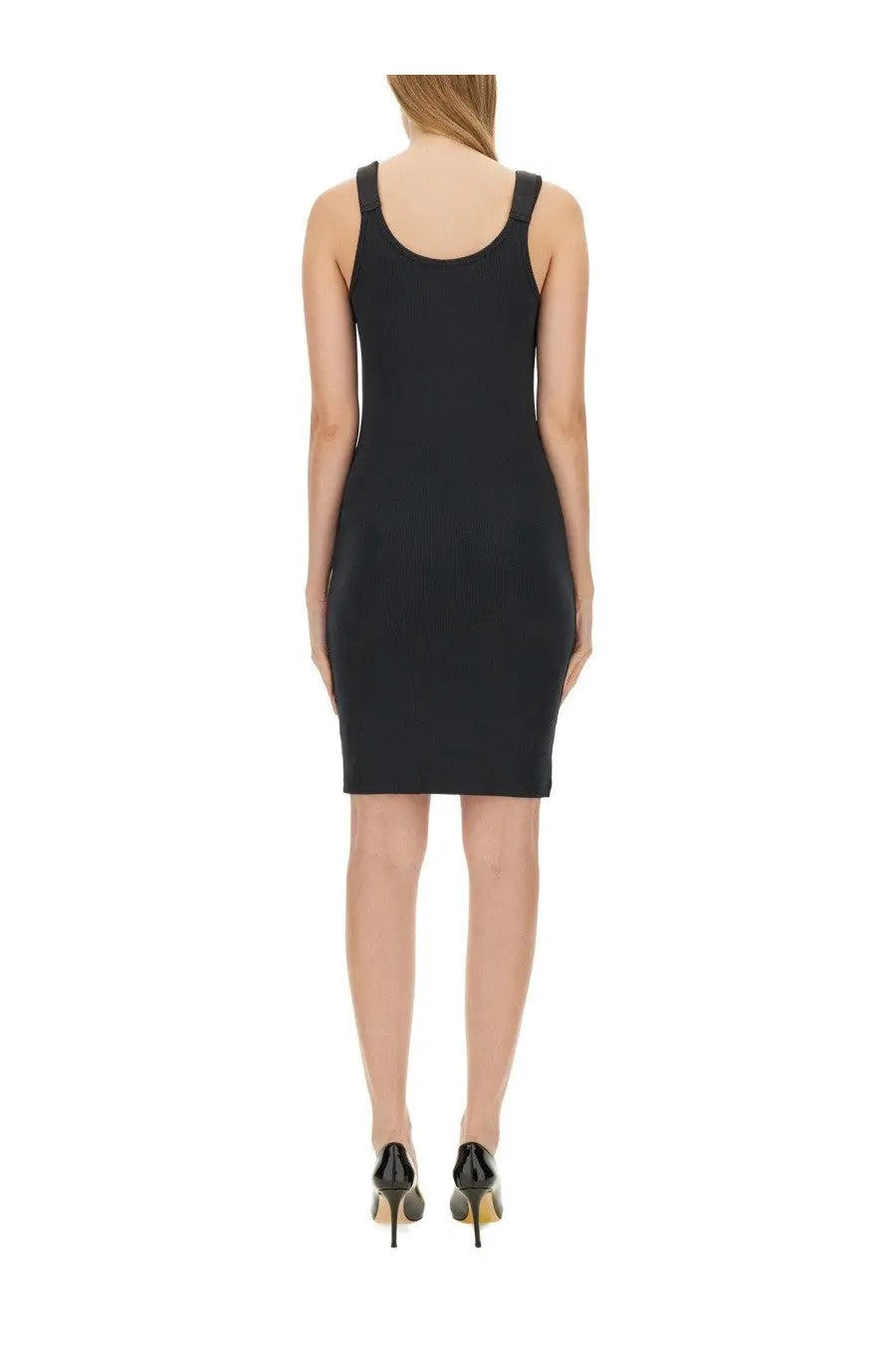 Helmut Lang women’s black sleeveless bodycon tank dress with rounded neckline and fitted silhouette