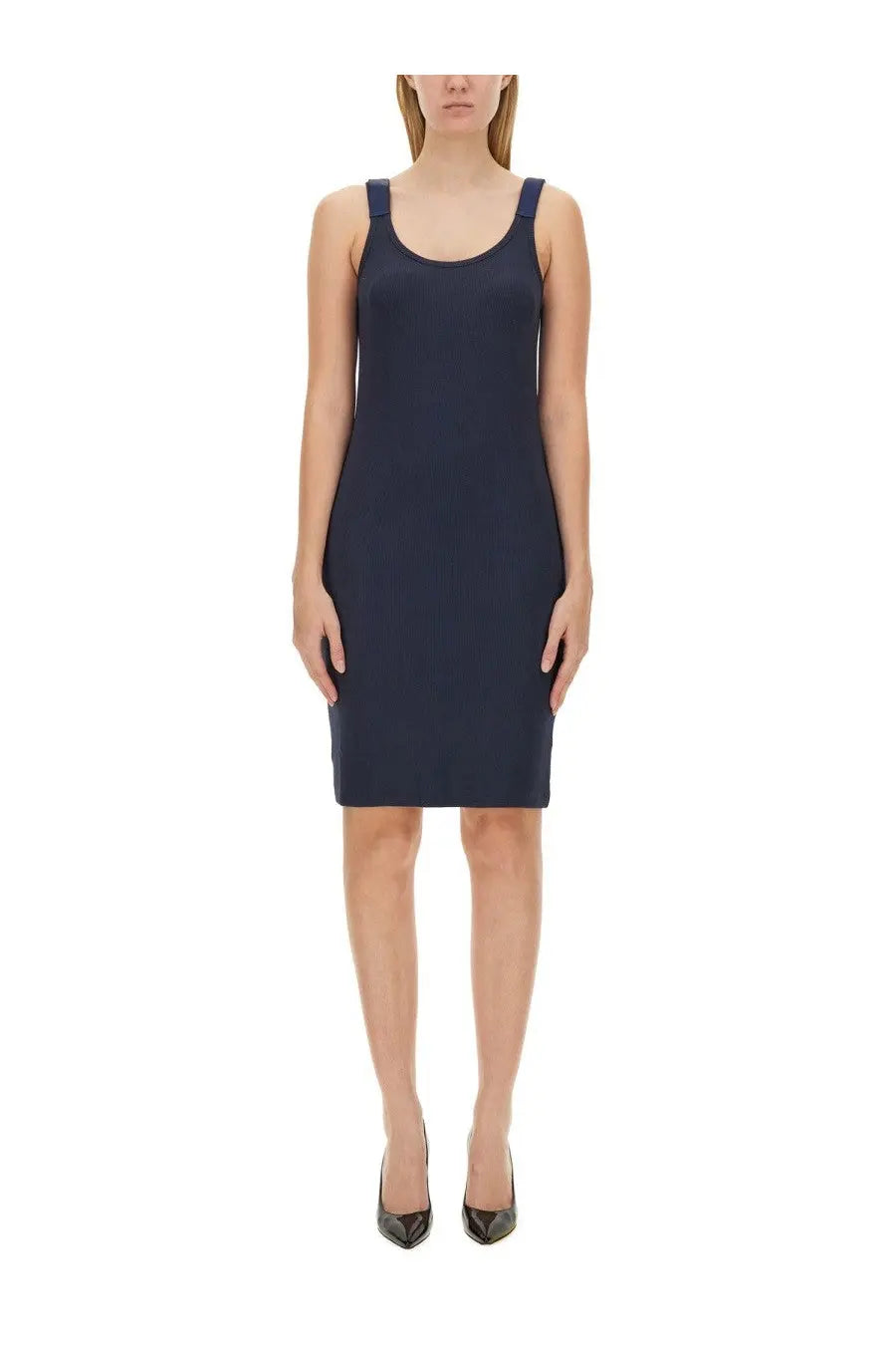 Helmut Lang women’s tank dress in navy blue with thin shoulder straps and a fitted sleeveless design