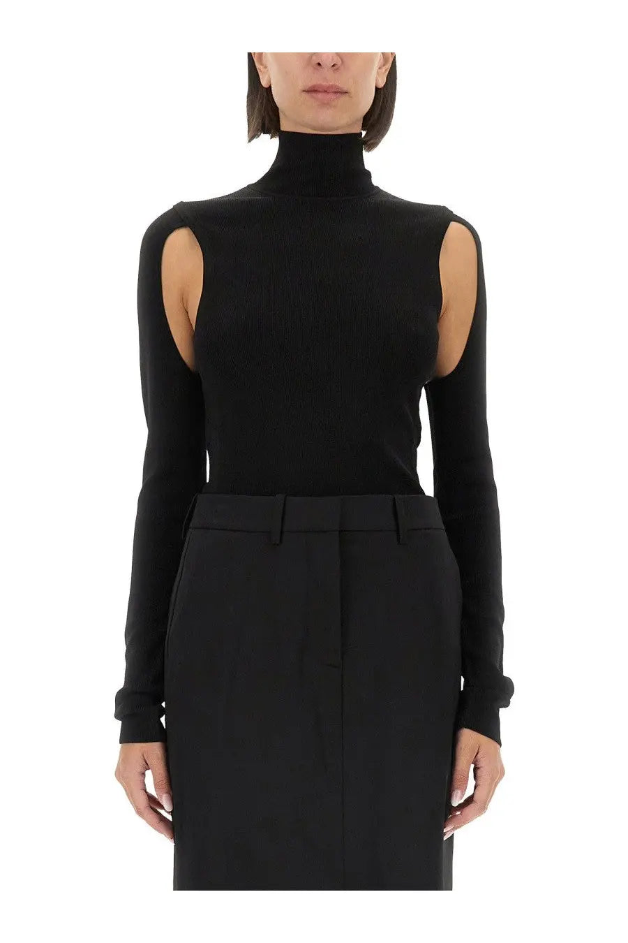 Helmut Lang women’s black high-neck long-sleeve top with cut-out shoulder details in lightweight fabric