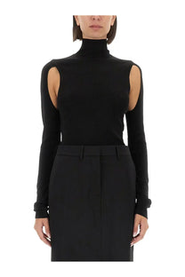 Helmut Lang women’s black high-neck long-sleeve top with cut-out shoulder details in lightweight fabric