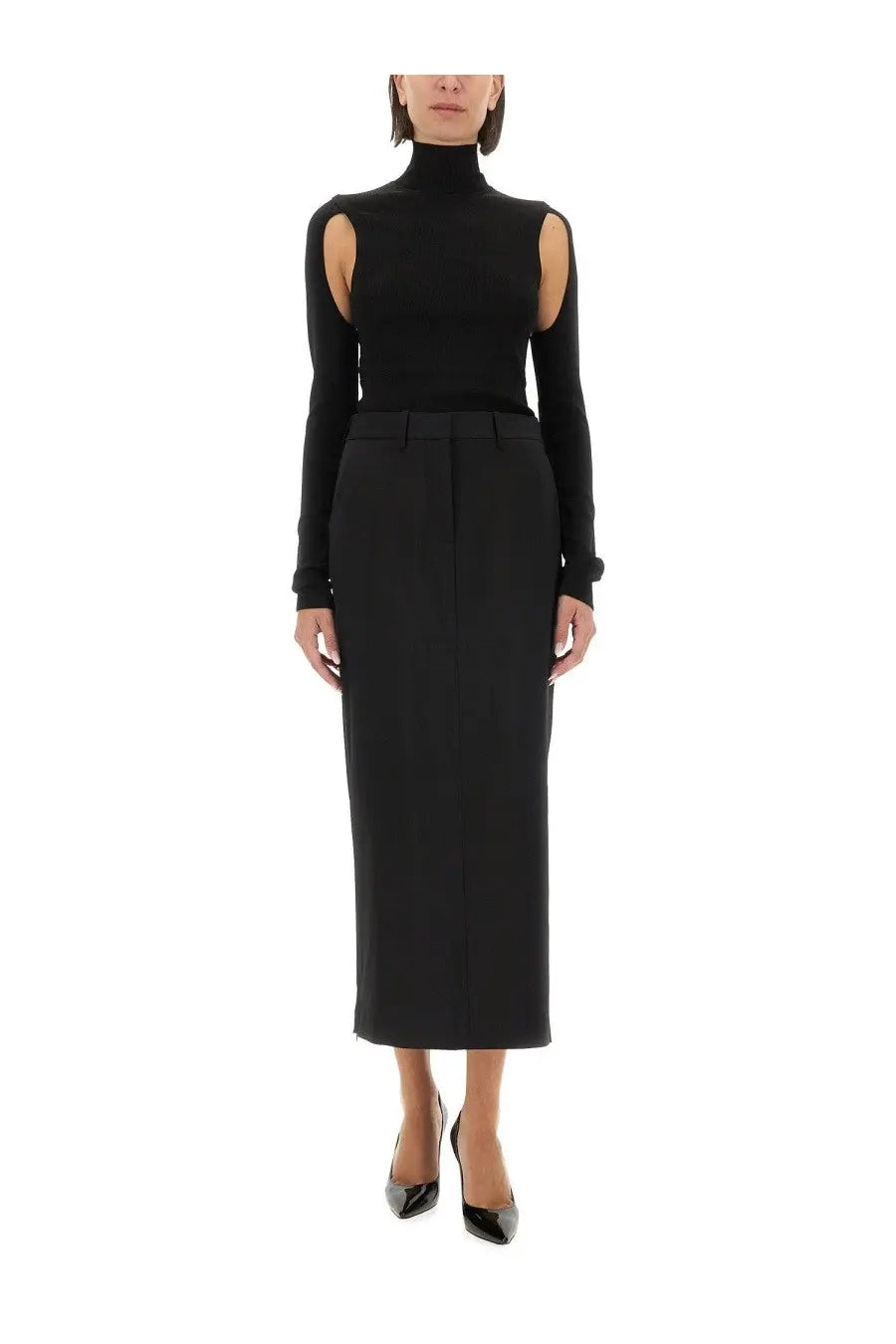 Black long-sleeved turtleneck top with cut-out shoulder details by helmut lang in air black color