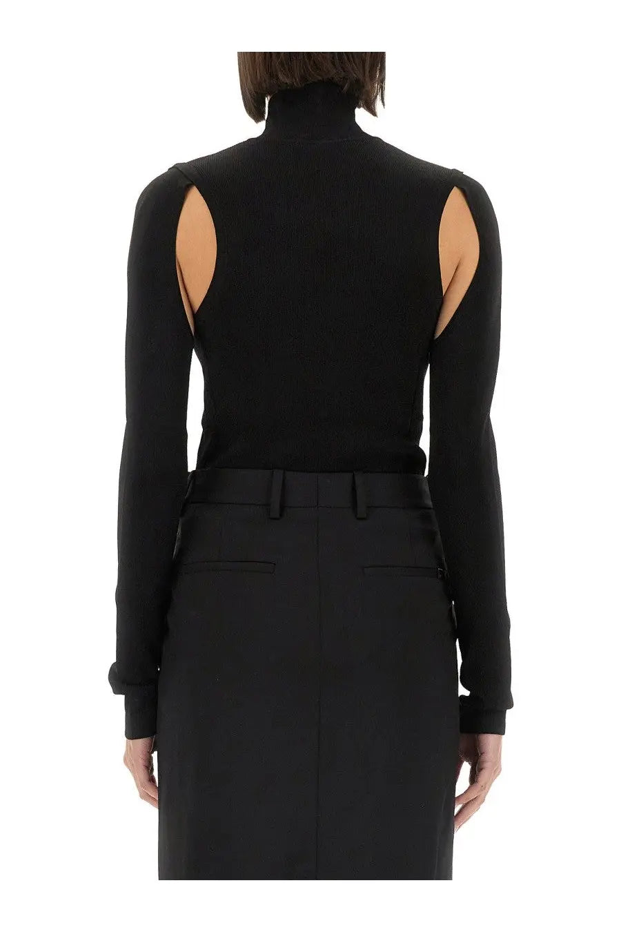 Helmut lang women’s black long-sleeved turtleneck top with cut-out shoulder details in air fabric