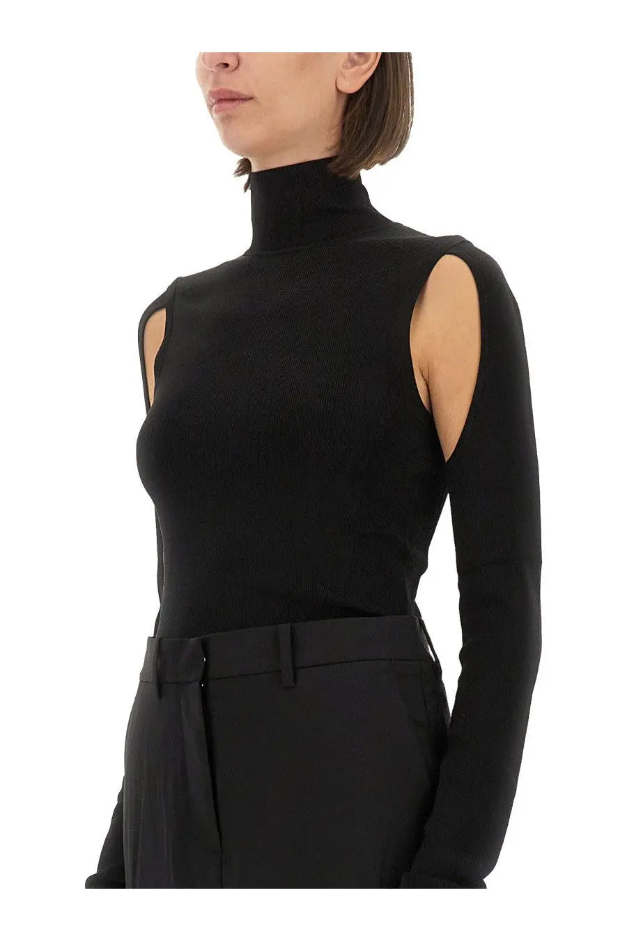 Helmut Lang women’s black ribbed knit turtleneck top with shoulder cutouts made from soft air material