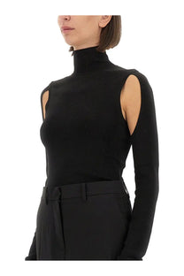 Helmut Lang women’s black ribbed knit turtleneck top with shoulder cutouts made from soft air material