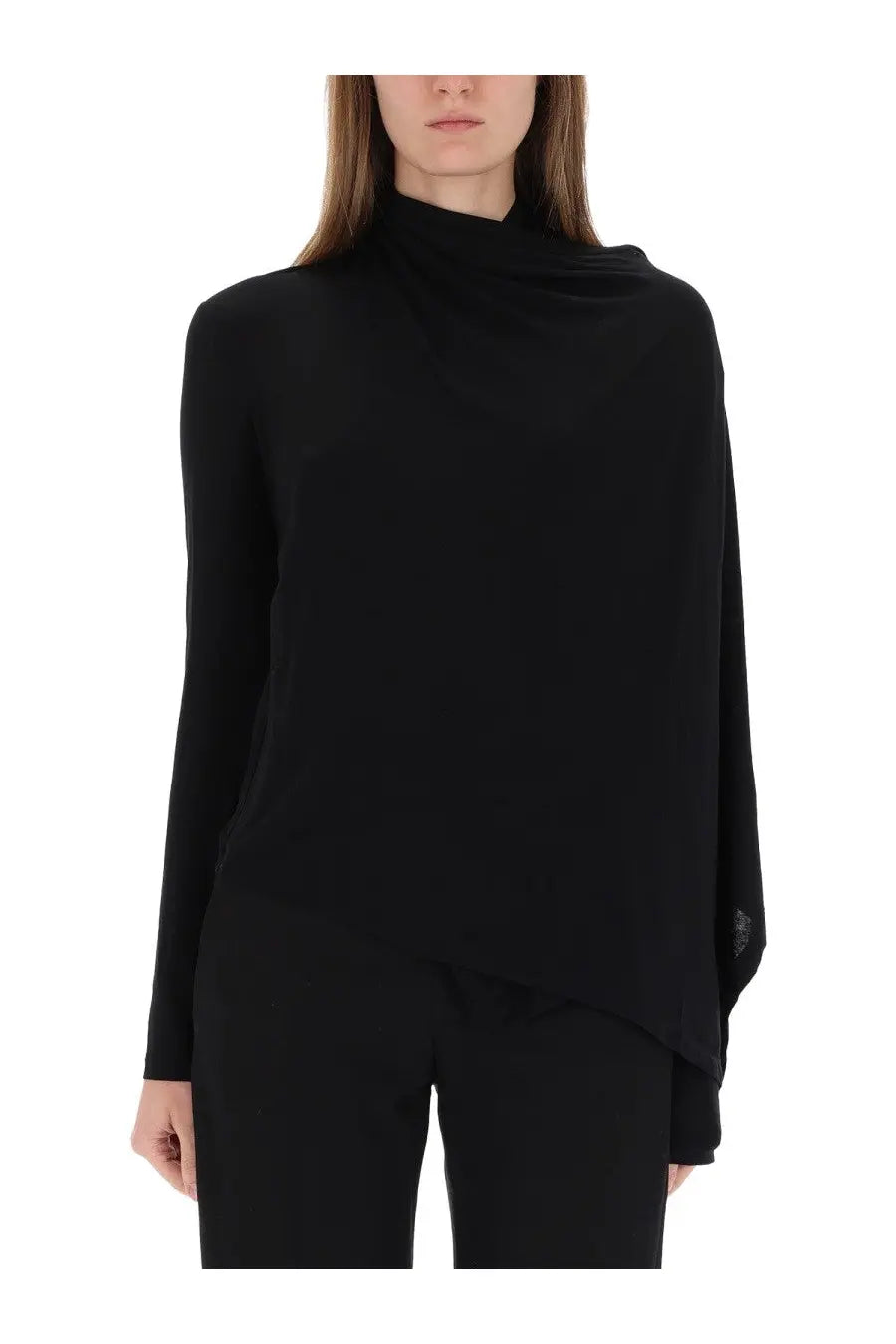 Helmut Lang women’s black high neck long sleeve top with draped asymmetrical hem and subtle sleeve logo detail