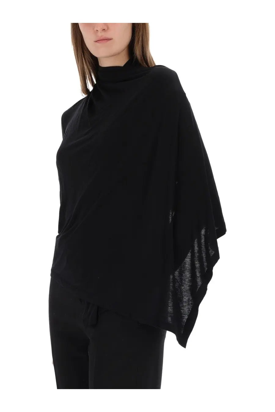 Helmut Lang women’s black knit poncho with high neckline and sheer textured side panels