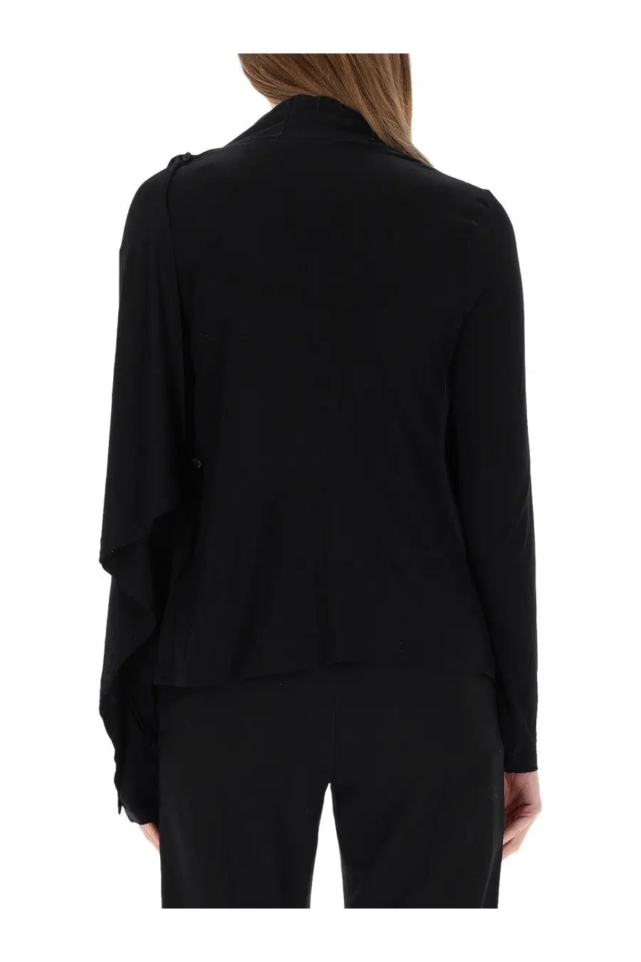Helmut Lang women’s black blouse with long sleeves draped shoulder detail and soft flowing fabric front view