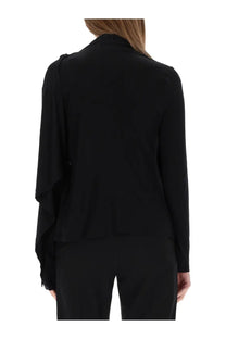 Helmut Lang women’s black blouse with long sleeves draped shoulder detail and soft flowing fabric front view