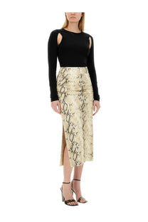 Helmut lang womens top cut out black paired with a beige and black snakeskin midi skirt with high waist side slit satin finish