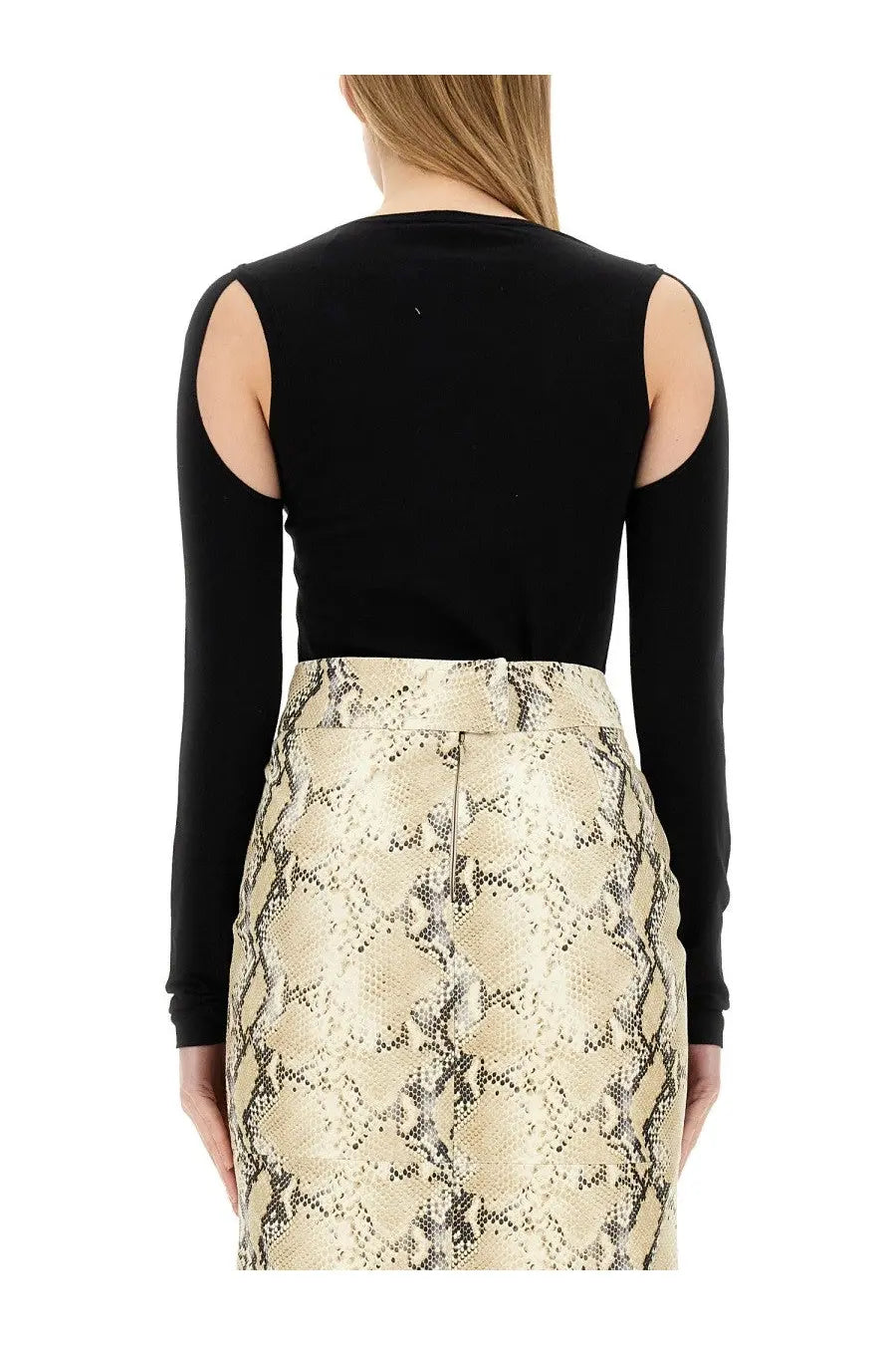 Helmut Lang women’s black long-sleeved top with cut out shoulder details in soft fabric for stylish wear
