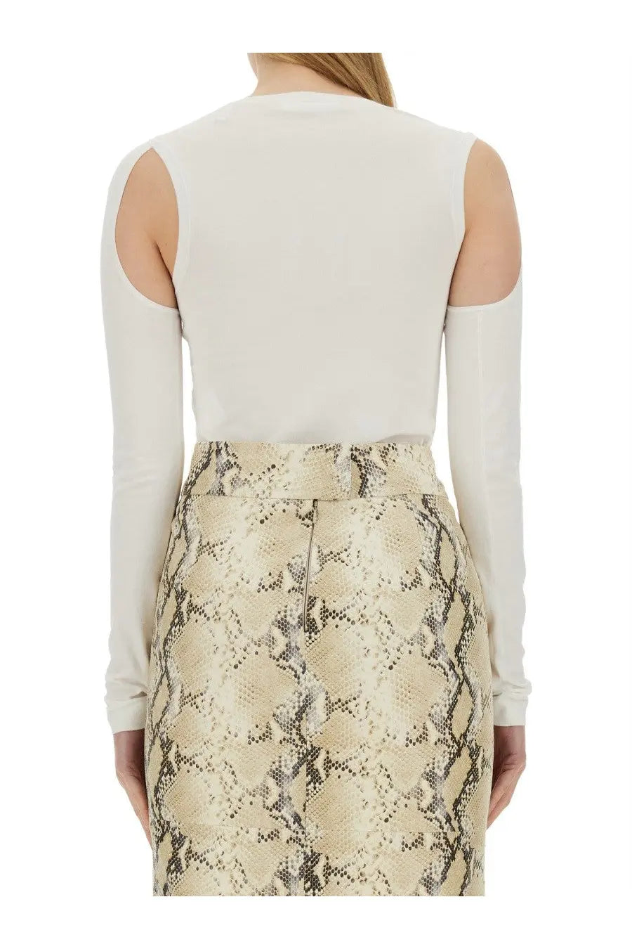 Helmut lang women’s top cut out white paired with a beige and black snakeskin-patterned pencil skirt with high waistband