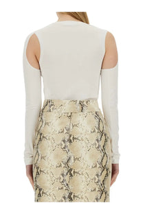 Helmut lang women’s top cut out white paired with a beige and black snakeskin-patterned pencil skirt with high waistband