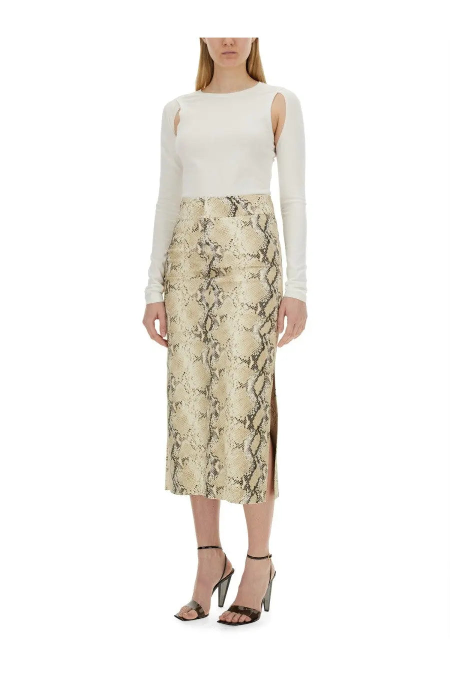 Helmut Lang women’s top cut out white paired with a beige and brown snake-print satin midi skirt with high waist and side slit