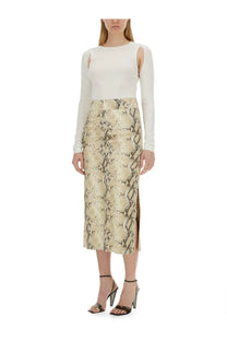 Helmut Lang women’s top cut out white paired with a beige and brown snake-print satin midi skirt with high waist and side slit