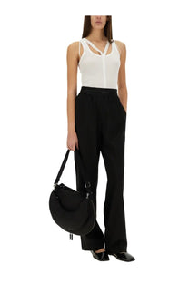 Black crescent-shaped structured handbag with adjustable shoulder strap paired with helmut lang women’s top racer white