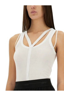 Helmut Lang women’s white racer tank top with white crisscross straps and sleek minimalist design