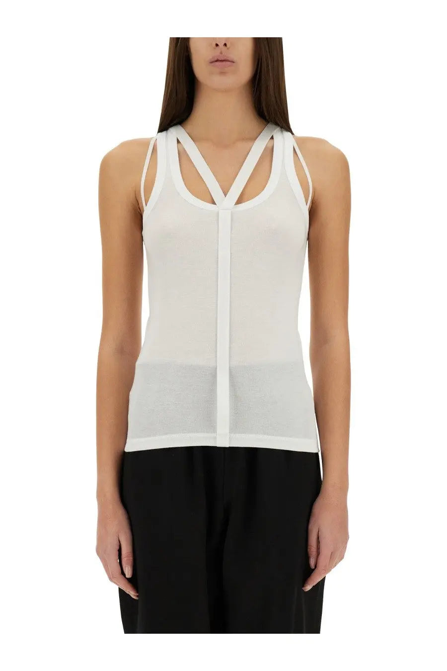 Helmut Lang women’s white sheer mesh tank top with crisscross straps and central zipper detail