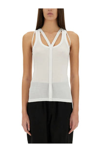 Helmut Lang women’s white sheer mesh tank top with crisscross straps and central zipper detail