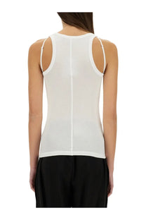 Back view of helmut lang women’s white sheer tank top with thin straps and central seam down the back