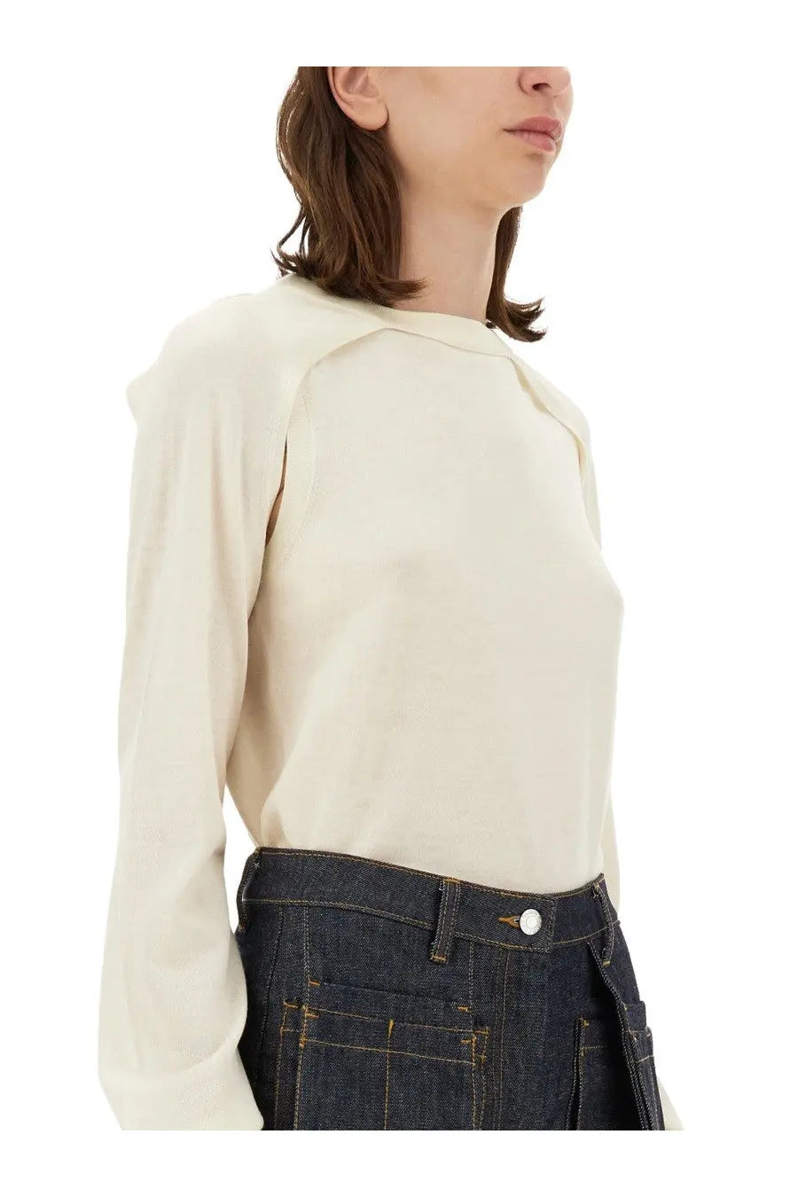 Helmut Lang women’s wool jersey white cream-colored long-sleeved blouse with soft flowing fabric and shoulder ruching