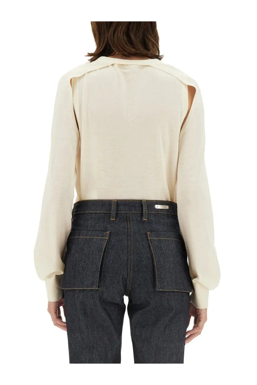 Helmut Lang women’s cream-colored sheer wool jersey blouse with long sleeves and cut-out shoulder details