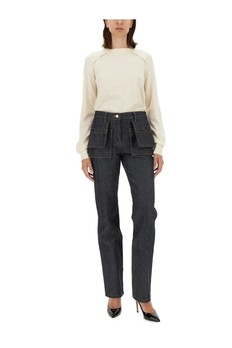 Helmut Lang women’s wool jersey white dark-wash denim jeans with prominent front flap pockets and straight-leg cut