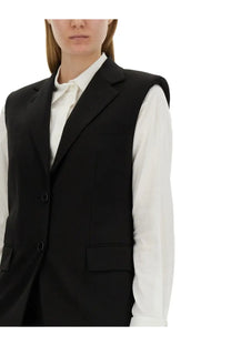 Helmut Lang women’s black wool vest with notched lapels and two front buttons tailored for a sleek fit
