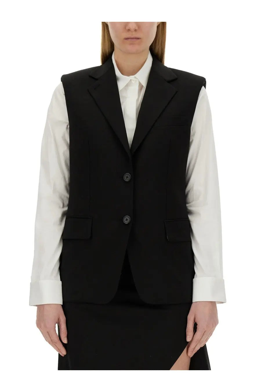 Helmut lang women’s black wool vest with tailored fit notched lapels and two front buttons