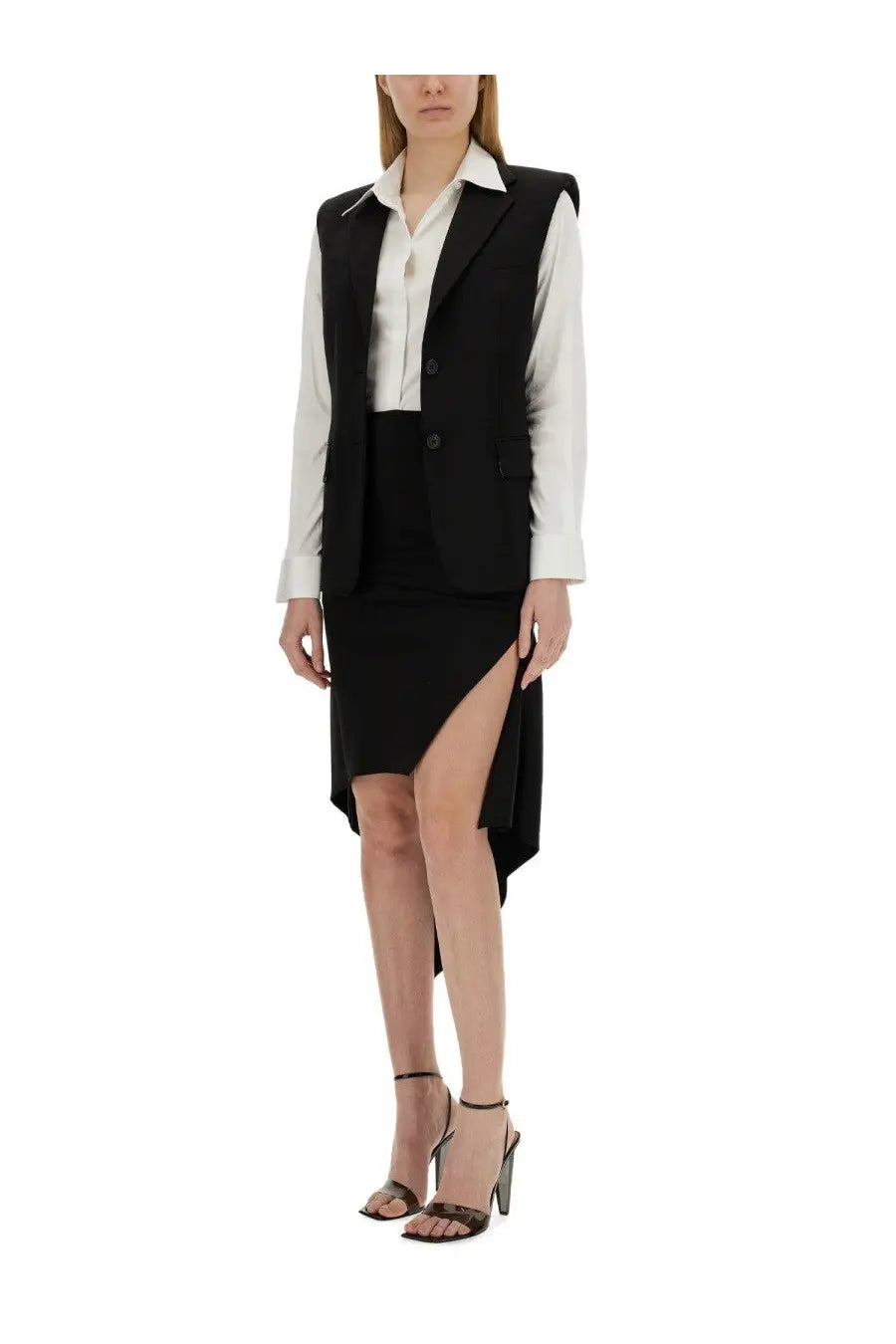 Helmut Lang women’s black wool vest with sleeveless tailored blazer style and structured shoulders with button closure