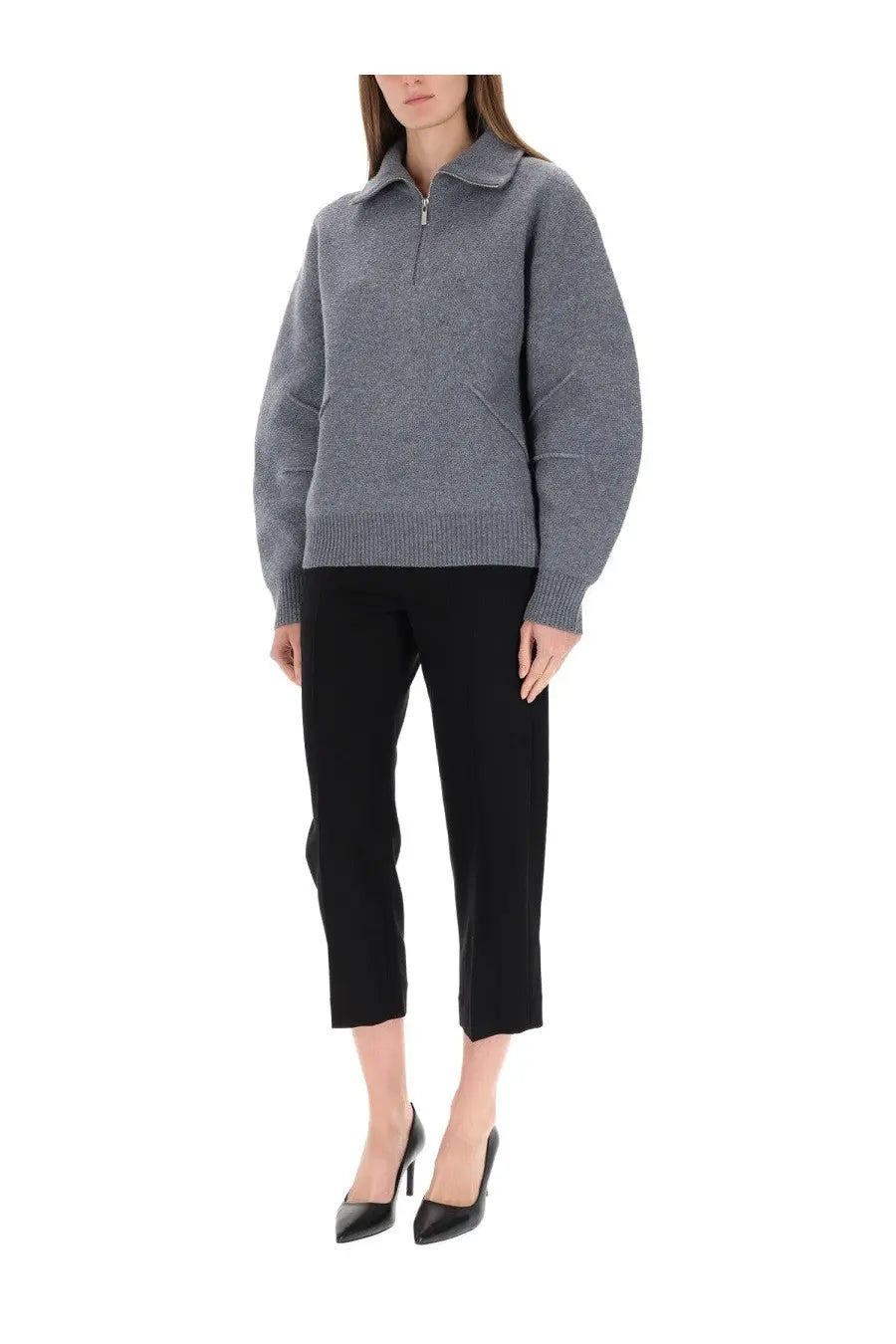 Helmut lang women’s gray knit sweater with collar and half zip front made of apex jersey fabric