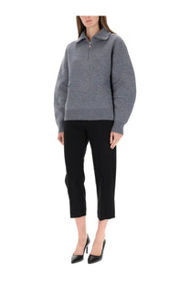 Helmut lang women’s gray knit sweater with collar and half zip front made of apex jersey fabric