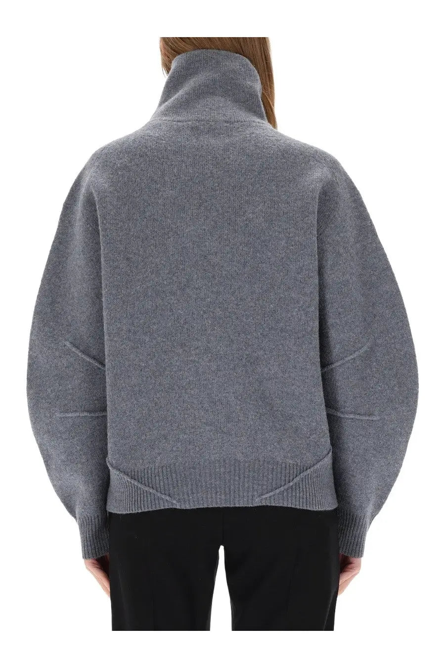 Helmut lang women’s zippered apex jersey grey gray textured knit sweater with high collar and relaxed fit