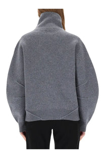 Helmut lang women’s zippered apex jersey grey gray textured knit sweater with high collar and relaxed fit