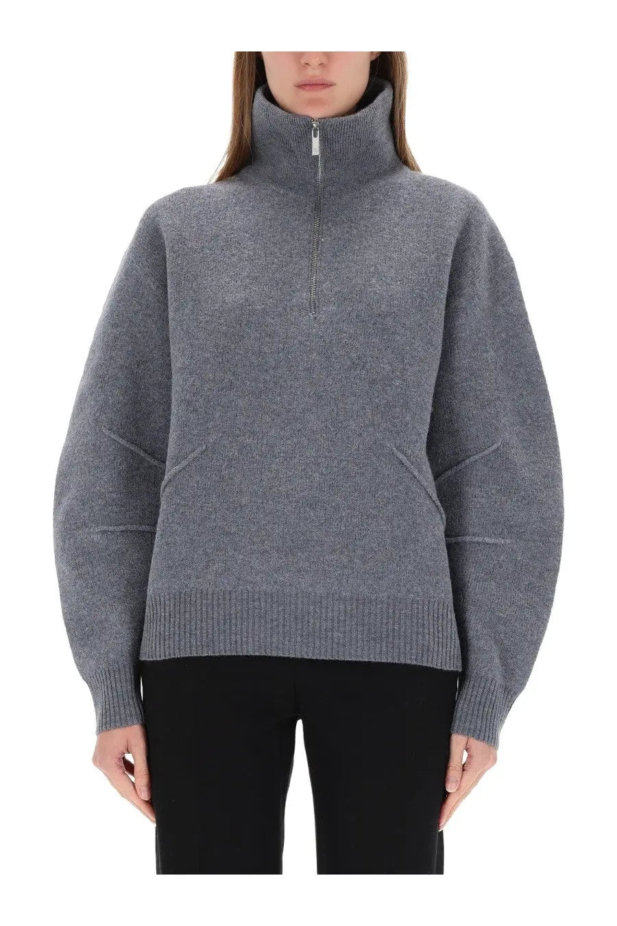 Gray textured knit sweater with high collar and half-zip closure helmut lang women’s zippered apex jersey gray