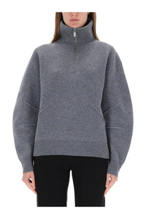 Gray textured knit sweater with high collar and half-zip closure helmut lang women’s zippered apex jersey gray