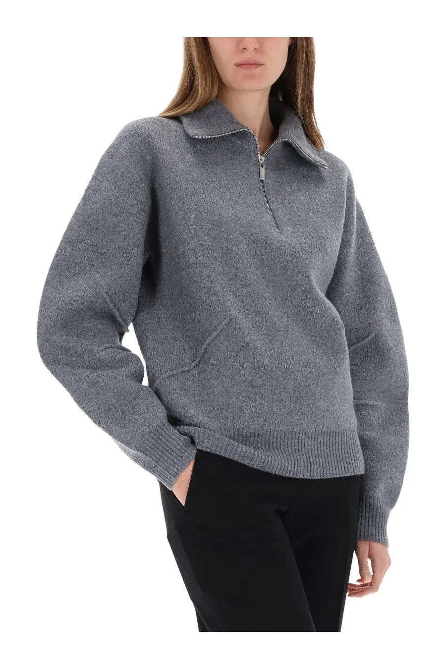 Helmut Lang women’s grey heather knit sweater with quarter-zip collar and ribbed cuffs in soft jersey fabric