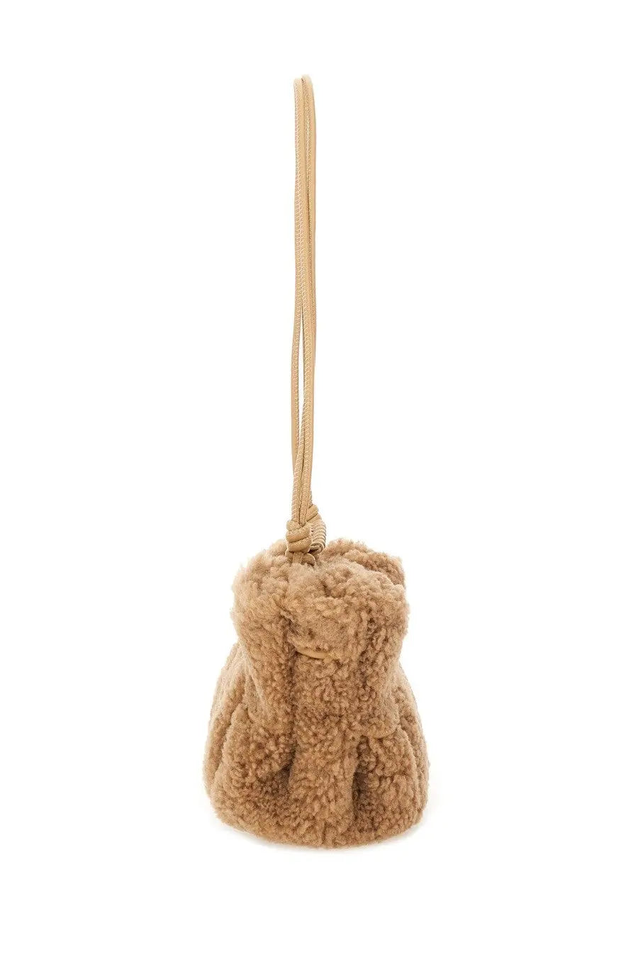 Hereu women’s Arta curly mini bag beige tan shearling bucket bag with matching adjustable strap for versatile use