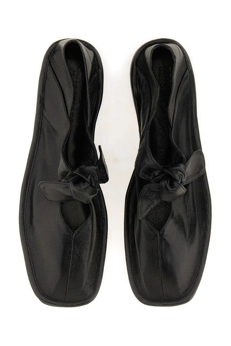 Hereu women’s ballerina black leather loafers with square toe and tied bow detail
