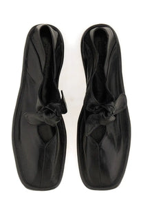 Hereu women’s ballerina black leather loafers with square toe and tied bow detail