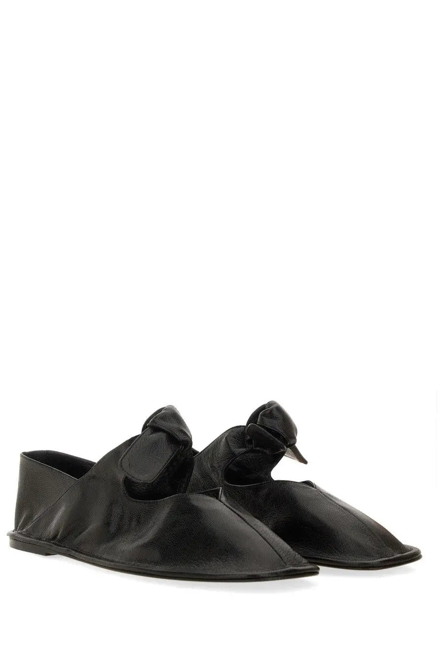 Hereu women’s ballerina black leather slip-on flats with a distinctive bow detail on the vamp