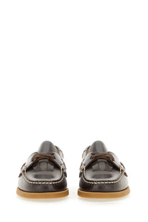Hereu women’s boat moccasin brown dark brown leather loafers with tan rubber soles and white stitching