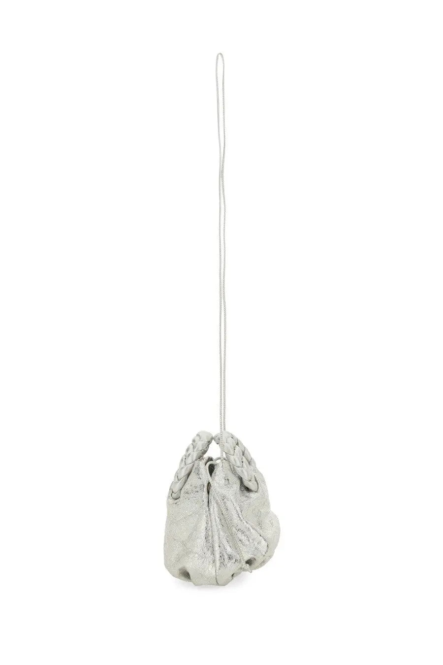 Hereu women’s bombon crinkled metallic bag in silver with delicate silver-toned leather and braided top handle