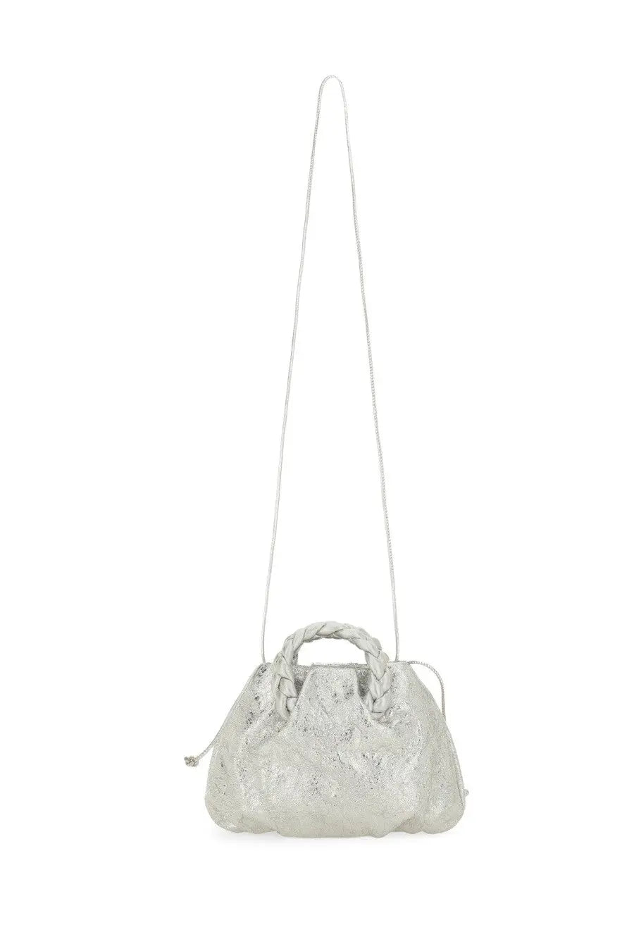 Hereu women’s bombon crinkled metallic bag in silver leather with braided handles and a chain strap crossbody bag