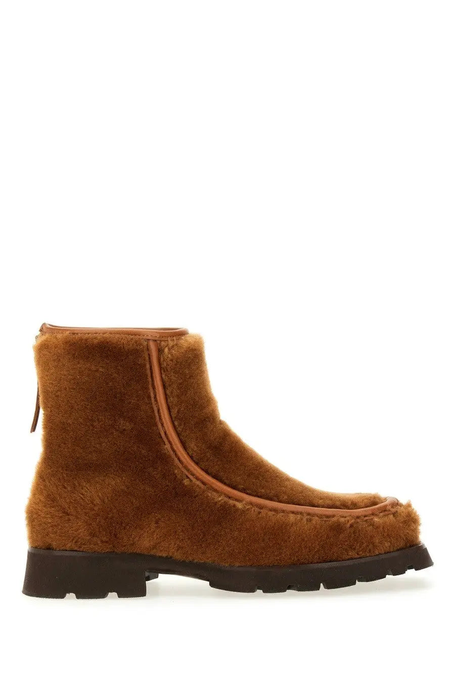 Hereu women’s brown fuzzy ankle boot with tan zipper and black rubber sole for casual wear