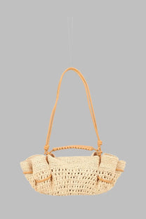 Beige woven straw handbag with tan leather handles and trim hereu women’s borsa arta mini in rafia crochet beige