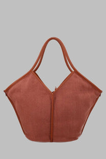 Hereu women’s borsa calella rust-colored woven tote bag with matching leather handles and central zipper closure in lino brown